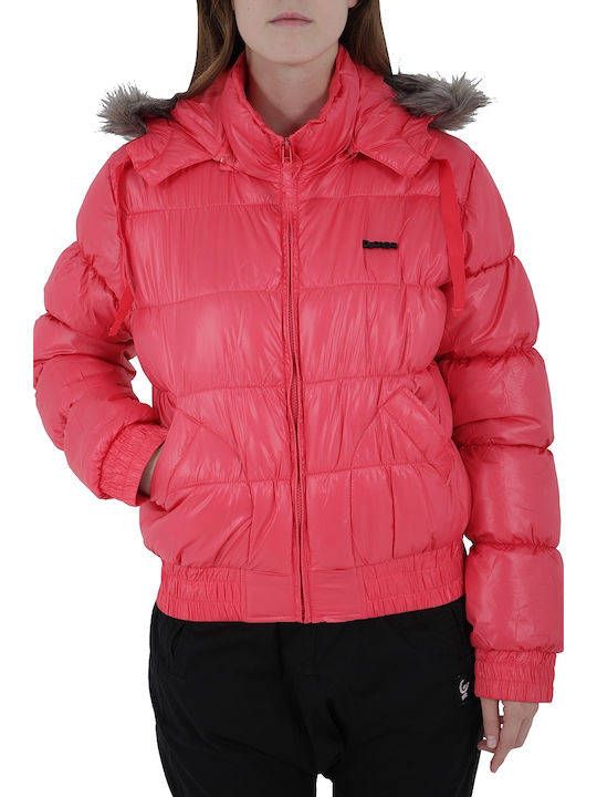 Kurz Damen Puffer Jacke mit pelziger Kapuze für Winter Fuchsie