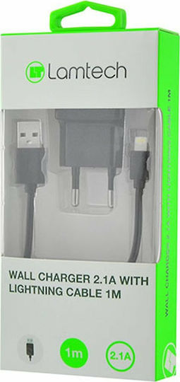 Lamtech Φορτιστής με Θύρα USB-A και Καλώδιο Lightning Μαύρος (LAM020151)