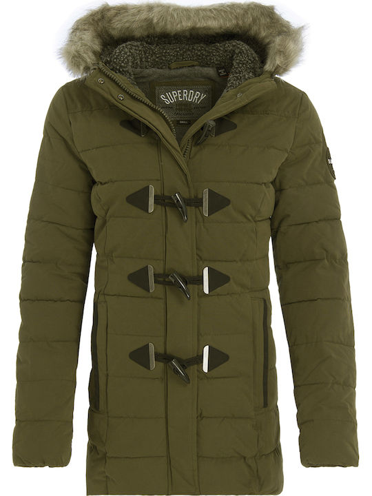 Toggle Women's Long Puffer Jacket for Winter with Hood Khaki