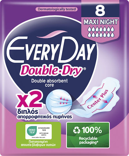 Every Day Double Dry Maxi Night Ultra Plus Σερβιέτες με Φτερά Νυκτός για Αυξημένη Ροή 7 Σταγόνες 8τμχ