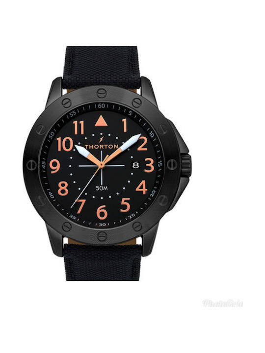 Thorton Borg Herrenuhr 48mm Batterie mit Schwarz Lederarmband