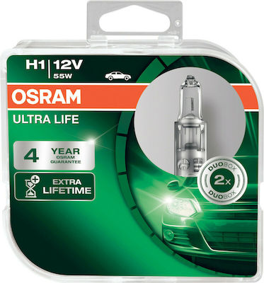 Osram Lamps Car Ultra Life H1 Halogen 3200K Warm White 12V 55W 2pcs