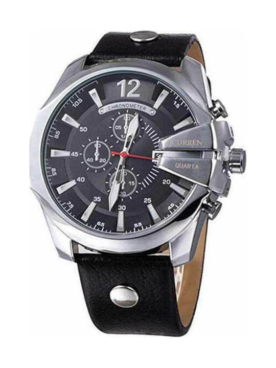 Curren Silver / Black Watch Chronograph Battery with Black Leather Strap