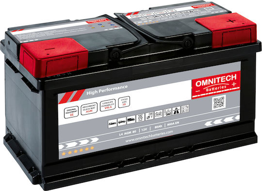 Omnitech Car Start/Stop Battery High Performance L4 AGM 80 with 80Ah Capacity and 800A CCA