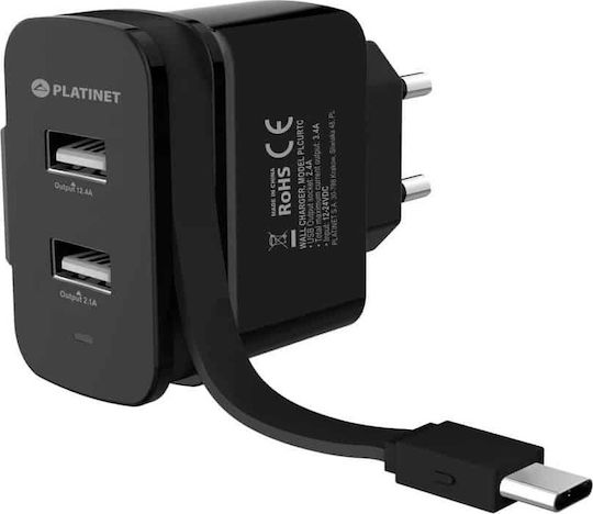 Platinet Charger with 2 USB-A Ports and Cable USB-C Blacks (OMO10461)