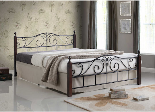 Adel Double Bed Upholstered with Black Fabric Walnut Suitable for Mattress 160x200cm E8206