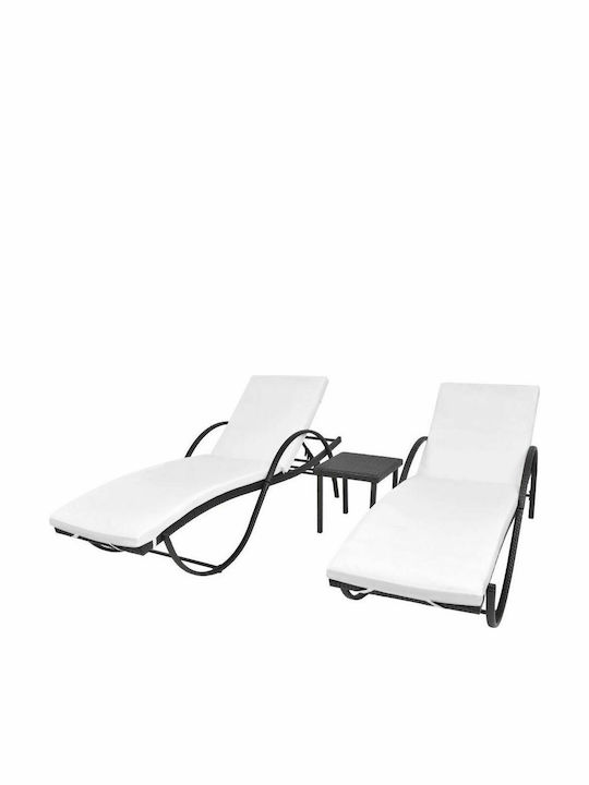 Deckchair Rattan with Cushion Black with Table 2pcs 193x64x56cm.