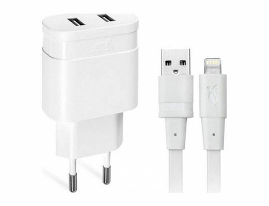 Rivacase Φορτιστής με 2 Θύρες USB-A και Καλώδιο Lightning Λευκός (VA4125 WD2)