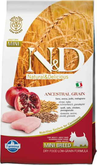 Farmina N&D Ancestral Grain Adult Mini 2.5kg Dry Food with Few Grains for Adult Small Breed Dogs with Chicken and Pomegranate