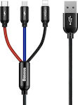 Baseus Three Primary Colors 3-in-1 Braided USB to Lightning / Type-C / micro USB Cable 3A Μαύρο 1.2m (CAMLT-BSY01)