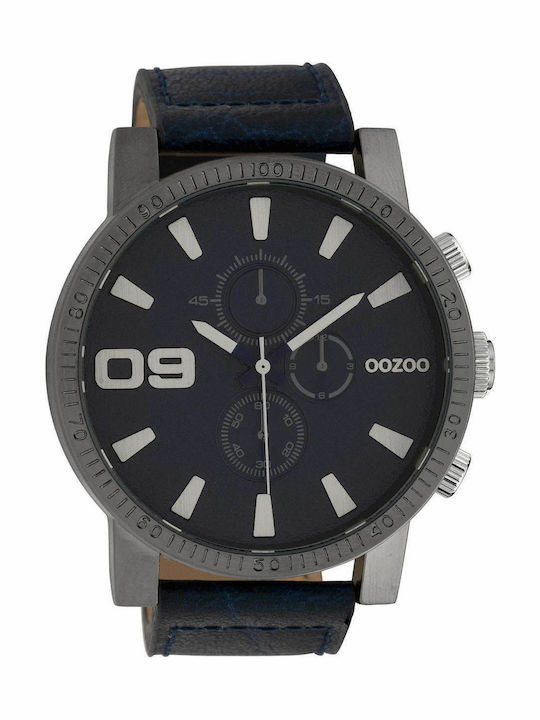 Oozoo Timepieces Xxl Ανδρικό Ρολόι 50mm Χρονογράφος Μπαταρίας με Μπλε Δερμάτινο Λουράκι