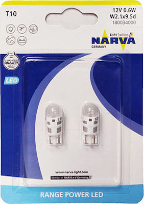 Narva Λάμπες Αυτοκινήτου Range Power T10 / W5W LED 6000K Ψυχρό Λευκό 12V 0.6W 2τμχ