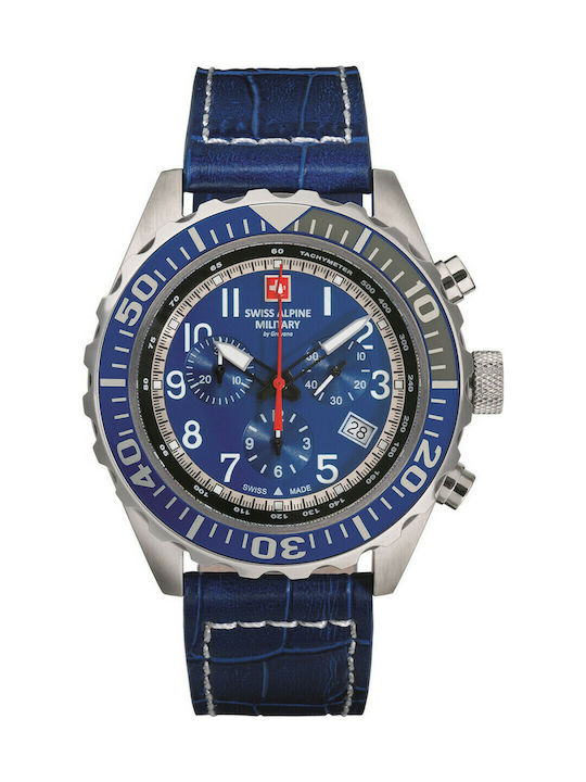 Swiss Alpine Military by Grovana Watch Chronograph Battery with Blue Leather Strap 7076.9535SAM