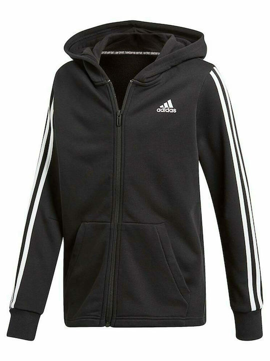 Adidas Αθλητική Παιδική Ζακέτα Φούτερ με Κουκούλα Μαύρη 3 Stripes