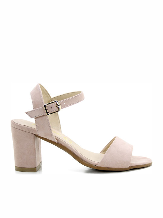 Ragazza Suede Women's Sandals with Ankle Strap Pink with Chunky Medium Heel