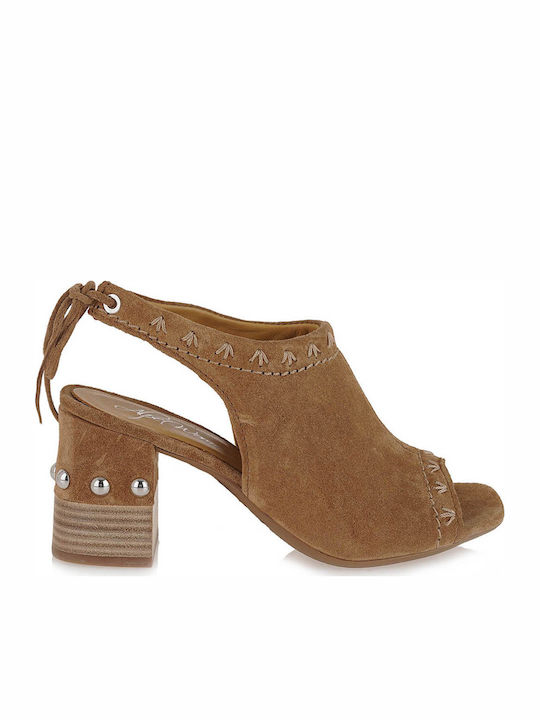 Alpe Suede Women's Sandals Tabac Brown with Chunky High Heel