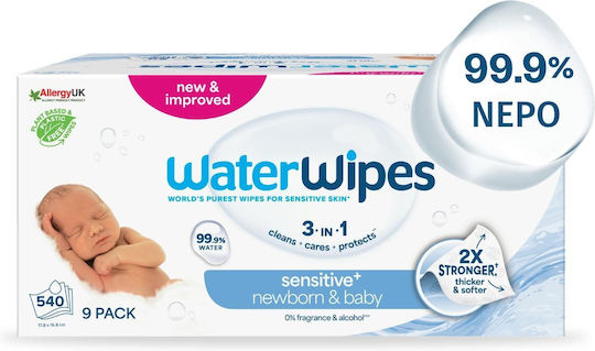 WaterWipes Hypoallergenic Baby Wipes 99.9% Water Fragrance Free Alcohol-Free Parabens Free 9x60pcs