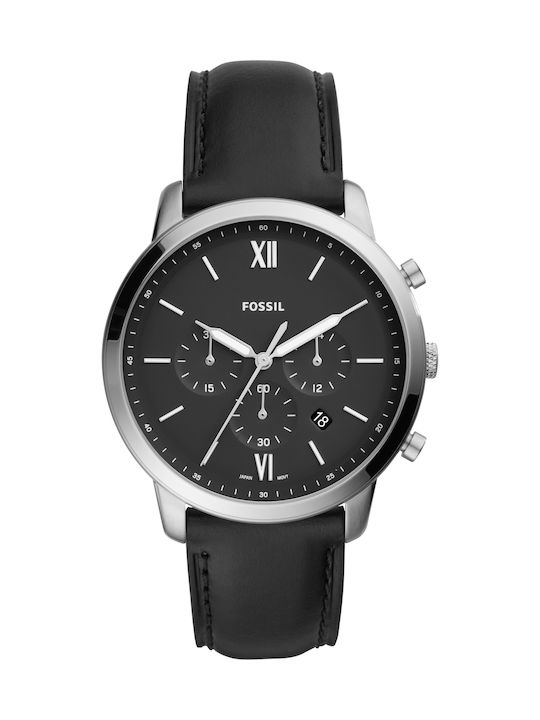 Fossil Ceas Barbati Neutru 44mm Cronograf Baterie cu Curea din Piele Neagră