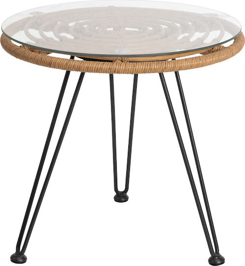 Totem Sitting Room Outdoor Free Standing Table with Glass Surface and Metal Frame Natural 50x50x47cm