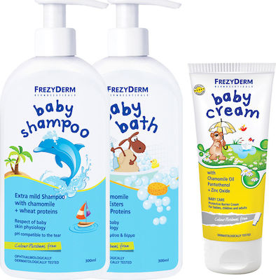 Frezyderm Baby Shampoo with Chamomile 300ml with Pump & Baby Bath 300ml & Baby Cream 50ml