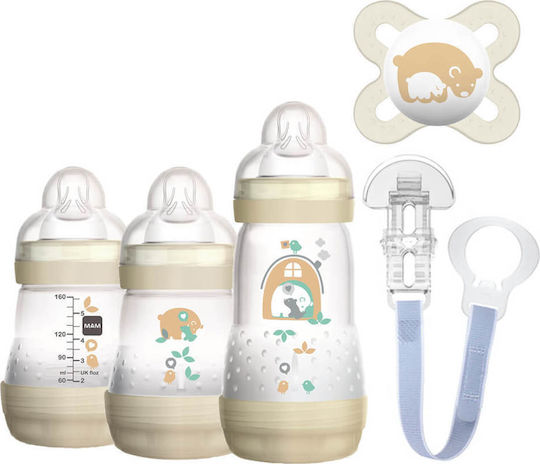 Mam Set aus Plastikflaschen Welcome To The World Gift Set Gegen Koliken mit Silikonsauger für 0+, 0+ m, Monate Beige Teddybär - Beige 260ml 5Stück