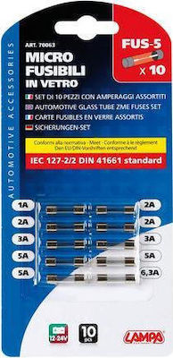 Lampa FUS-5 Automotive Glass Tube ZME Fuses Set Set Siguranțe Auto Sticle Rotunde 10buc