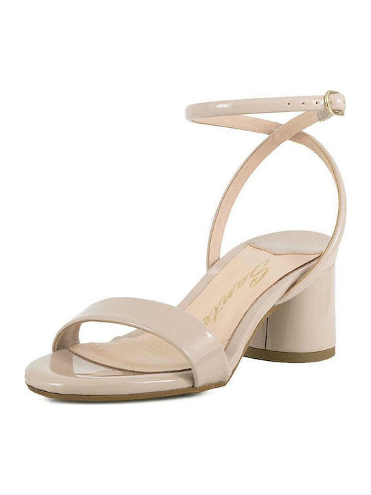 Sante Patent Leather Women's Sandals with Ankle Strap Pink with Chunky Medium Heel