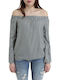 Women's Blouse Off-Shoulder Long Sleeve Checked White/black
