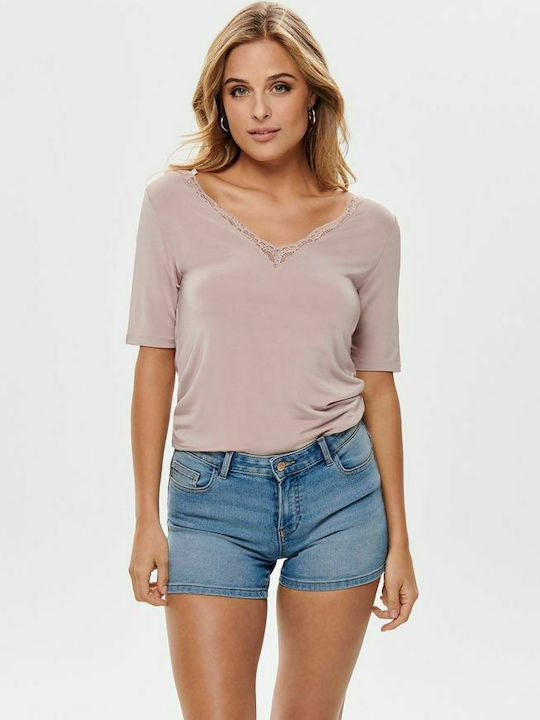 Only Women's Summer Blouse Short Sleeve with V Neckline Adobe Rose