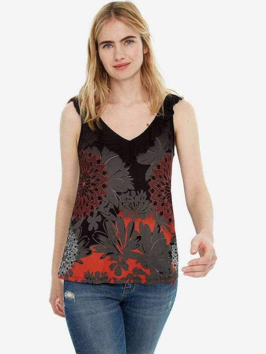 Desigual Zoe Damen Sommer Bluse Ärmellos mit V-Ausschnitt Blumen Schwarz