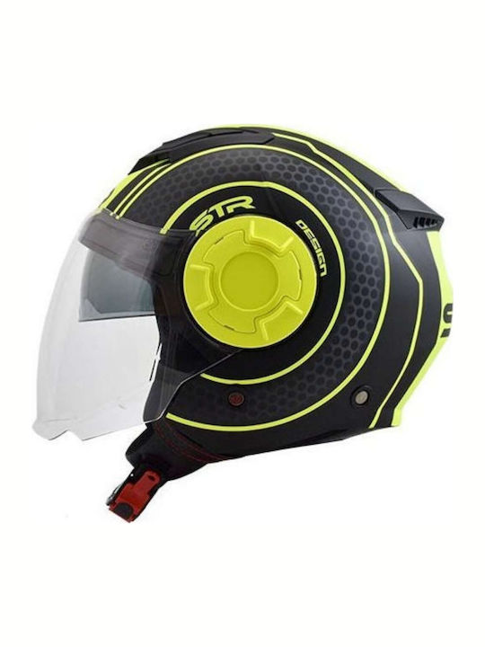 STR Tron Jet Helmet with Sun Visor ECE 22.05 1100gr Black Matt-Yellow ST071BKYLS