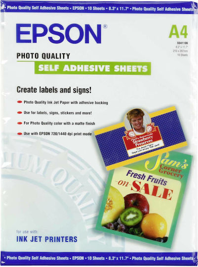 Epson Self Adhesive Φωτογραφικό Χαρτί Matte A4 (21x30) 167gr/m² για Εκτυπωτές Inkjet 10 Φύλλα