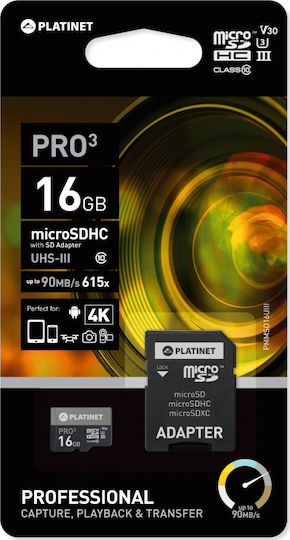 Platinet Pro3 microSDHC 16GB U3 V30 UHS-III 90MB/s Memory Card with Adapter