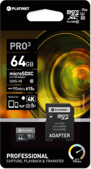 Platinet Pro3 microSDXC 64GB U3 A1 UHS-III 90MB/s με αντάπτορα
