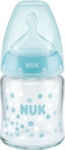 Nuk Glasflasche First Choice Plus Gegen Koliken mit Silikonsauger für 0-6 Monate Light blue Gutscheine 120ml 1Stück 10.747.095