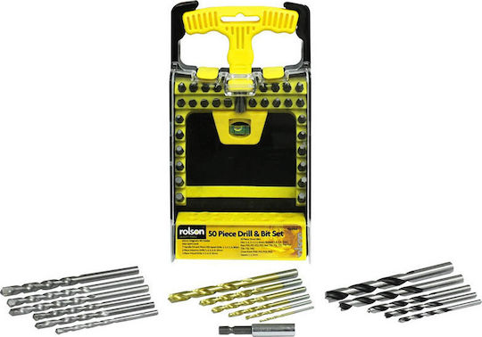Rolson Set Screwdriver Bits Drill Bits and Level Set 50 HSS Drill Bits with Hexagon Shank for Metal Masonry and Wood