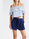 Guess Women's Summer Blouse Off-Shoulder Short Sleeve Striped Light Blue