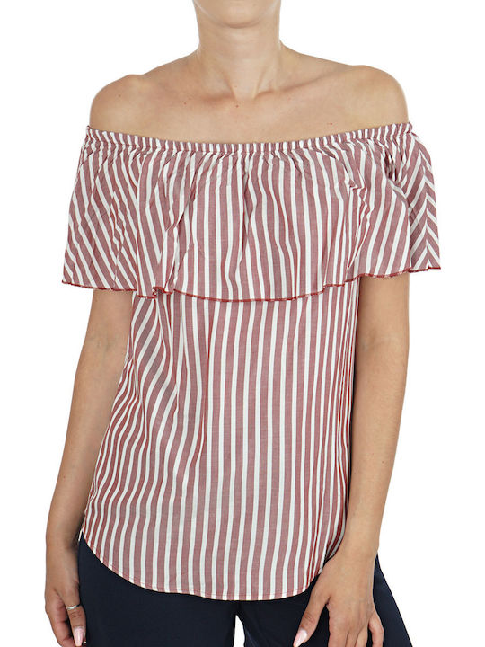 Only Women's Summer Blouse Off-Shoulder with Smile Neckline Striped Red