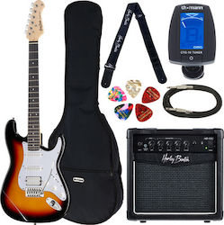 Harley Benton ST-20HSS Set Elektrische Gitarre mit Form Stratocaster und HSS Pickup-Anordnung Sunburst mit Hülle