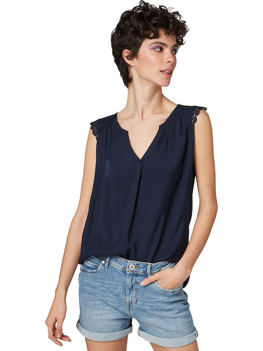 Tom Tailor Women's Summer Blouse Sleeveless with V Neckline Navy Blue