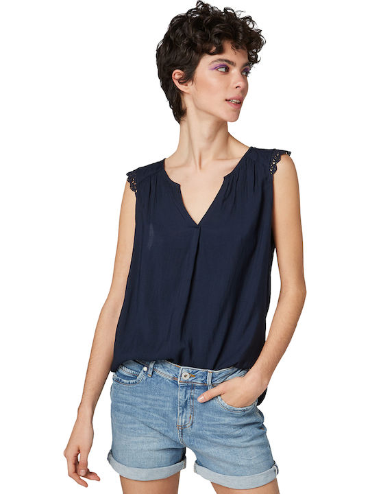 Tom Tailor Damen Sommer Bluse Ärmellos mit V-Ausschnitt Marineblau