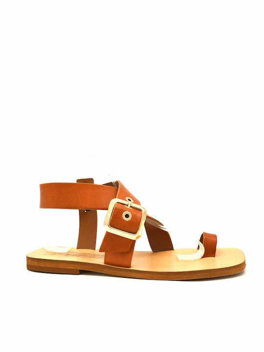 Sante Leather Women's Flat Sandals in Tabac Bro...