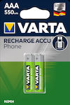 Varta Recharge Accu Phone Επαναφορτιζόμενες Μπαταρίες AAA Ni-MH 550mAh 1.2V 2τμχ