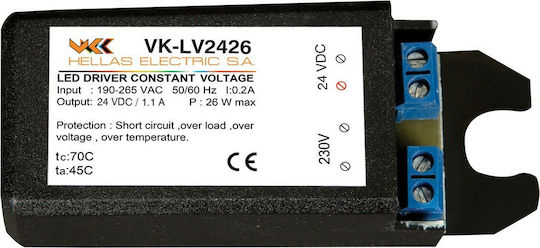 VK Lighting Τροφοδοτικό LED IP20 Ισχύος 26W με Τάση Εξόδου 24V