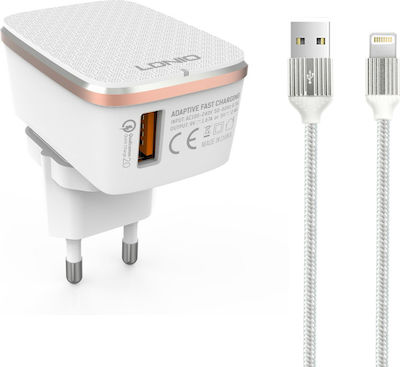 Ldnio Φορτιστής με Θύρα USB-A και Καλώδιο Lightning Quick Charge 3.0 Λευκός (A1204Q)