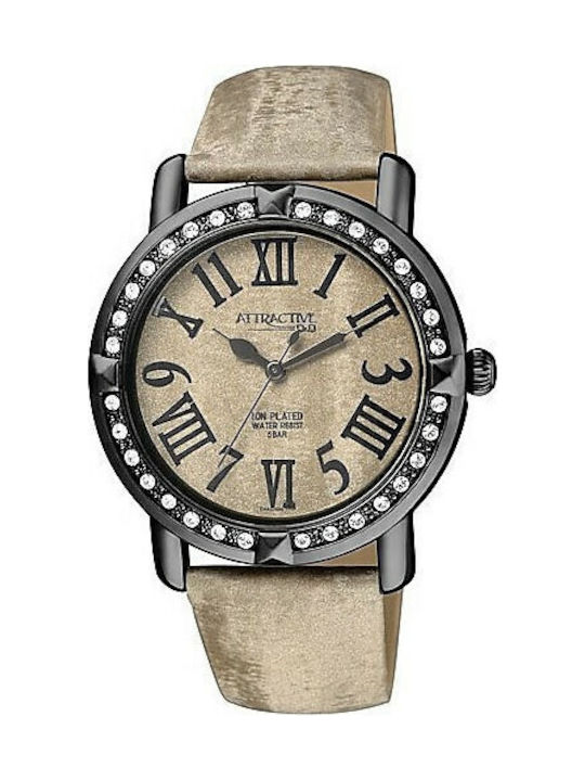 Q&Q Мъжки Часовник 50mm На Батерия с Бежова Кожаена Каишка
