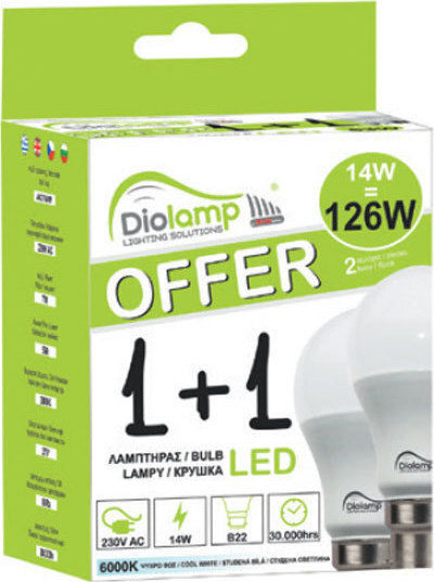Diolamp Λάμπες LED 14W 118mm για Ντουί B22 και Σχήμα A60 Φυσικό Λευκό 1180lm 2τμχ