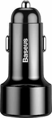 Baseus Încărcător Auto Negru de Intensitate Totală 6A Încărcare Rapidă cu Porturi: 1xUSB 1xType-C și Voltmetru de baterie