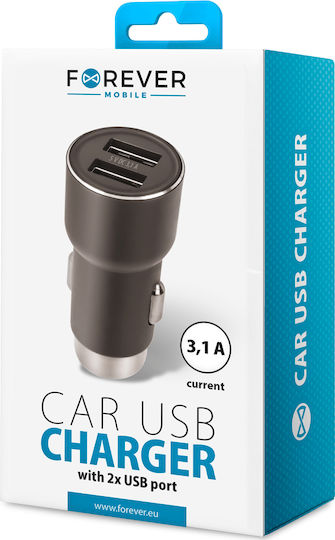 Forever Încărcător Auto 3.1A cu Porturi: 2xUSB Negru Culoare