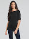 Judy Women's Blouse Cotton Long Sleeve with Boat Neckline Black